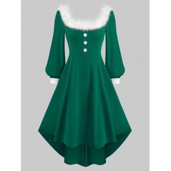 

Christmas Faux Fur Collar Long Sleeve High Low Dress, Deep green
