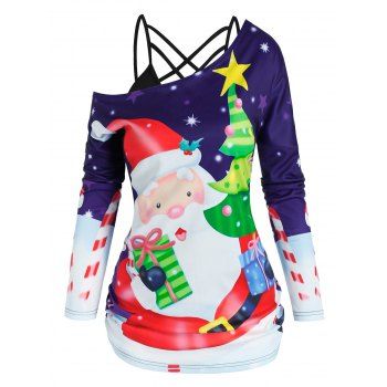 

Christmas Tree Santa Claus Print Skew Neck T-shirt and Cami Top, Concord