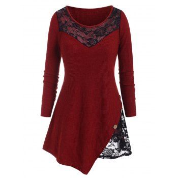 

Plus Size Lace Insert Asymmetrical Knitwear, Red