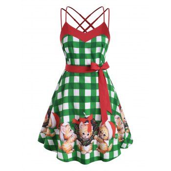 

Plaid Christmas Cat Criss Cross Strappy Plus Size Dress, Green