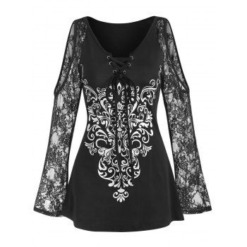 

Lace Sheer Sleeve Lace-up Cold Shoulder Print Tee, Black