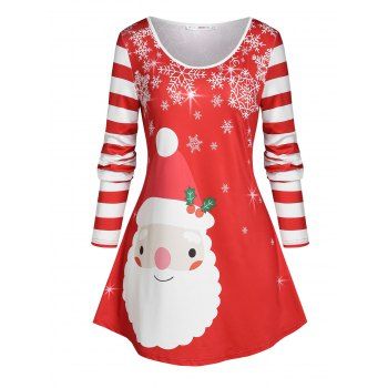 

Plus Size Striped Christmas Snowflake Long Sleeve Tee, Red