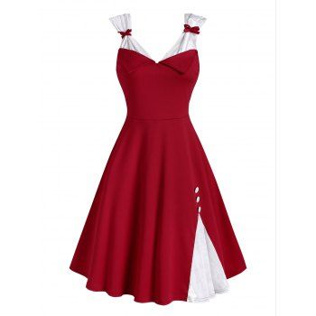 

Mock Buttons Bowknot Christmas Velvet Panel Dress, Red