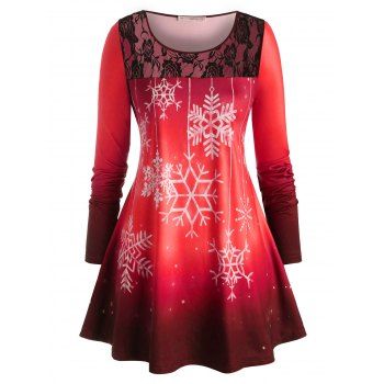 

Plus Size Ombre Snowflake Lace Insert Christmas Tunic Tee, Red