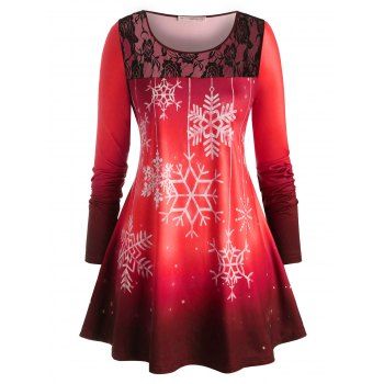 Plus Size Ombre Snowflake Lace Insert Christmas Tunic Tee