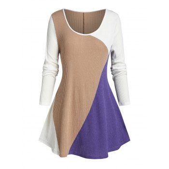 

Plus Size Colorblock Rib Knit Long Sleeve Sweater, Multicolor a