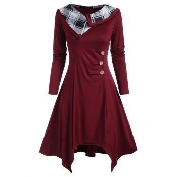 

Mock Buttons Ruched Plaid Panel Long Sleeve Dress, Deep red