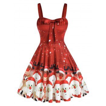 

Santa Elk Pattern Bowknot A Line Dress, Red