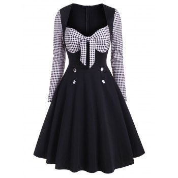 

Vintage Gingham Tied Mock Button Dress, Black