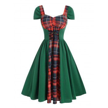 

Vintage Plaid Lace Up Ruched Cap Sleeve Dress, Multicolor