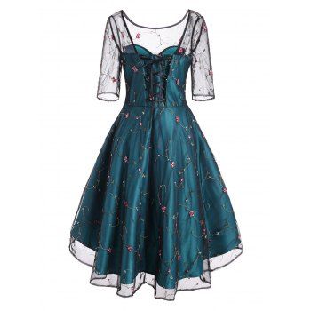 

Flower Embroidered Mesh Overlay Lace Up Party Dress, Multicolor