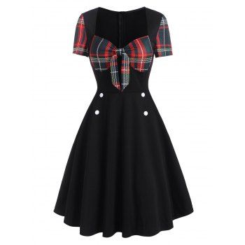 

Plaid Tied Mock Button Sweetheart Dress, Black