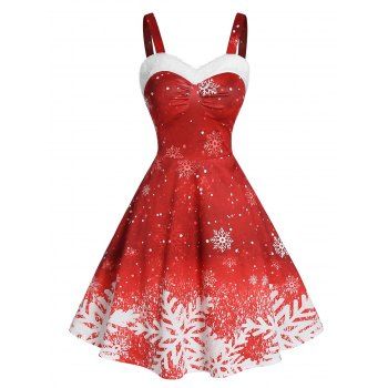 

Christmas Party Dress Snowflake Print Ombre Color Dress, Red