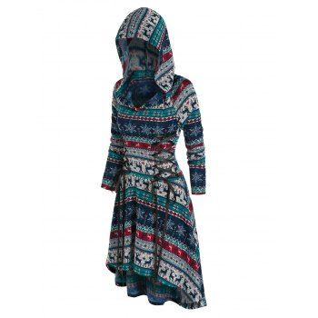 

Christmas Elk Snowflake Pattern Hooded Lace-up High Low Dress, Multicolor