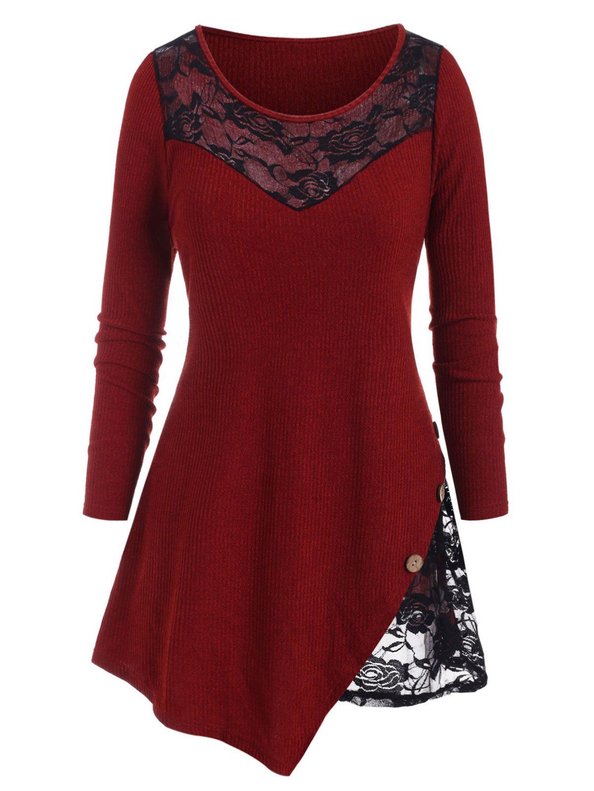 Plus Size Lace Insert Asymmetrical Knitwear - RED L
