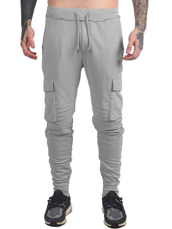 Pantalon de Sport Fuselé Plissé à Cordon - Gris Clair 3XL