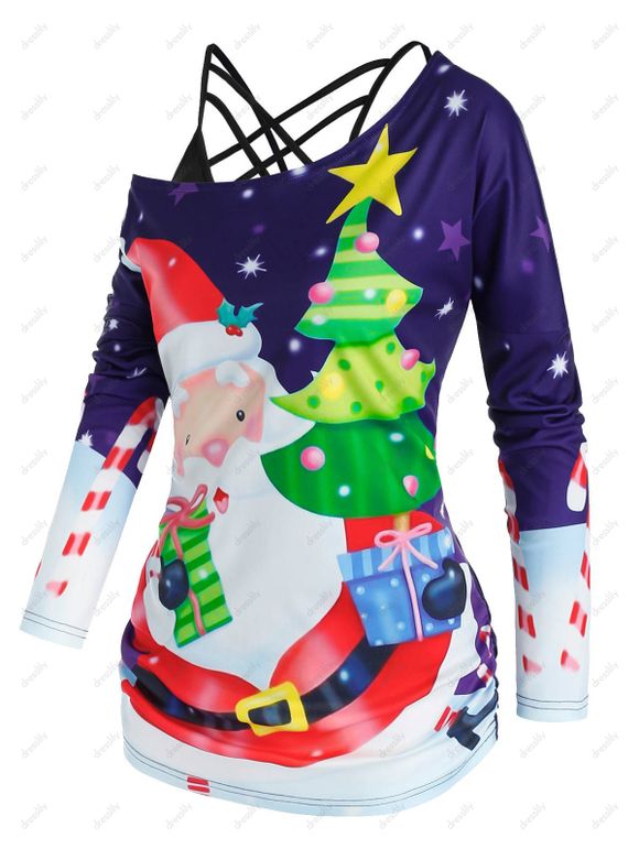 T-shirt à Imprimé Père Noël et Sapin à Col Olique et Haut à Bretelle - Concorde 3XL