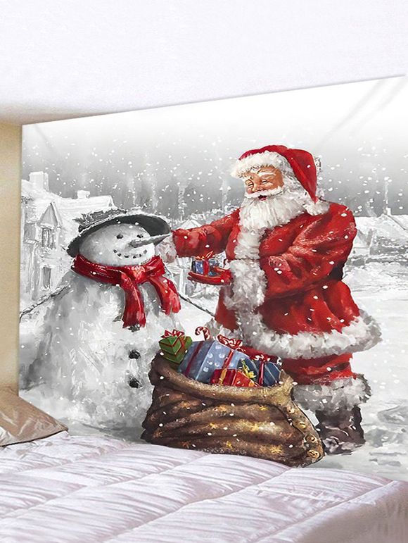 Tapisserie Murale Imperméable Bonhomme de Neige et Père Noël Imprimés - multicolor W91 X L71 INCH