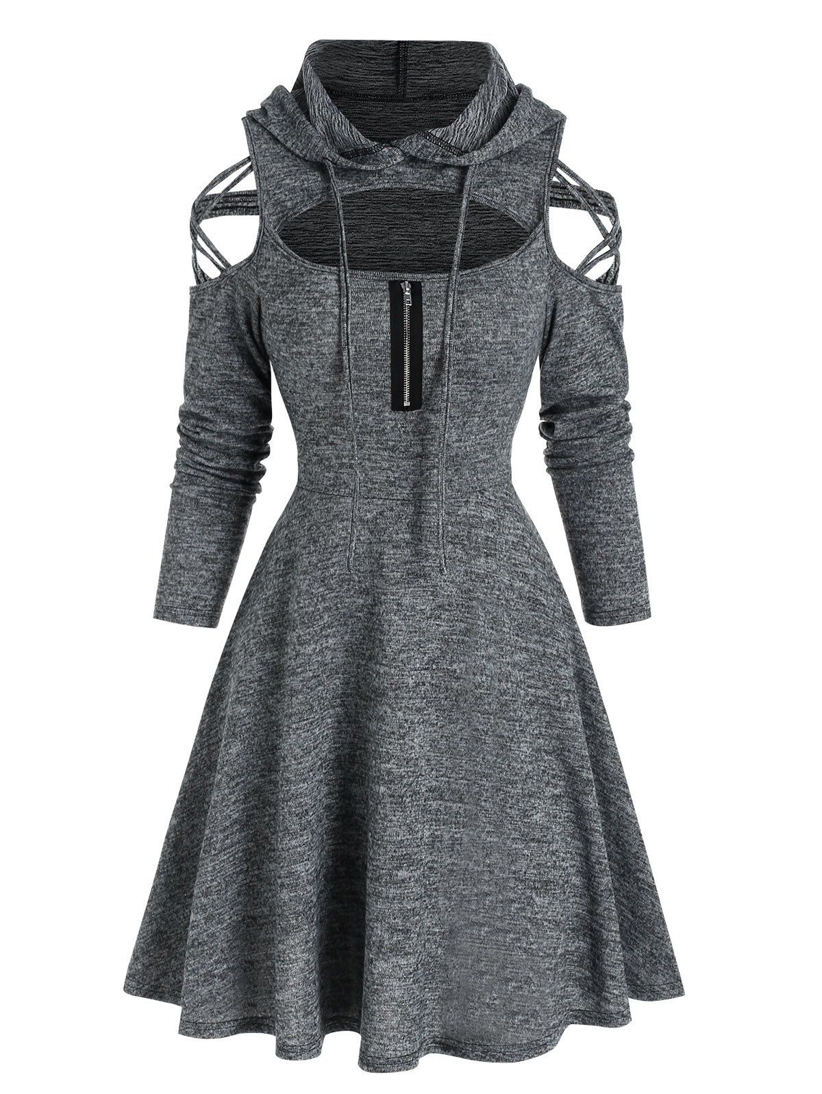 Cutout Crisscross Cold Shoulder Heathered Dress - DARK SLATE GREY XL