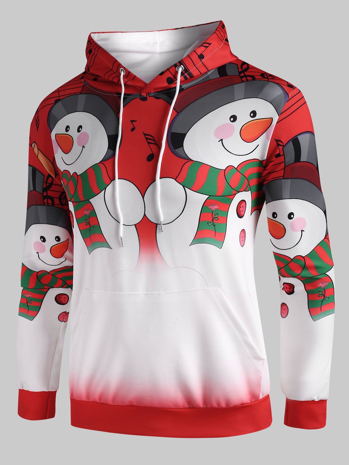 Christmas Snowmen Music Notes Print Pullover Hoodie - RUBY RED 3XL