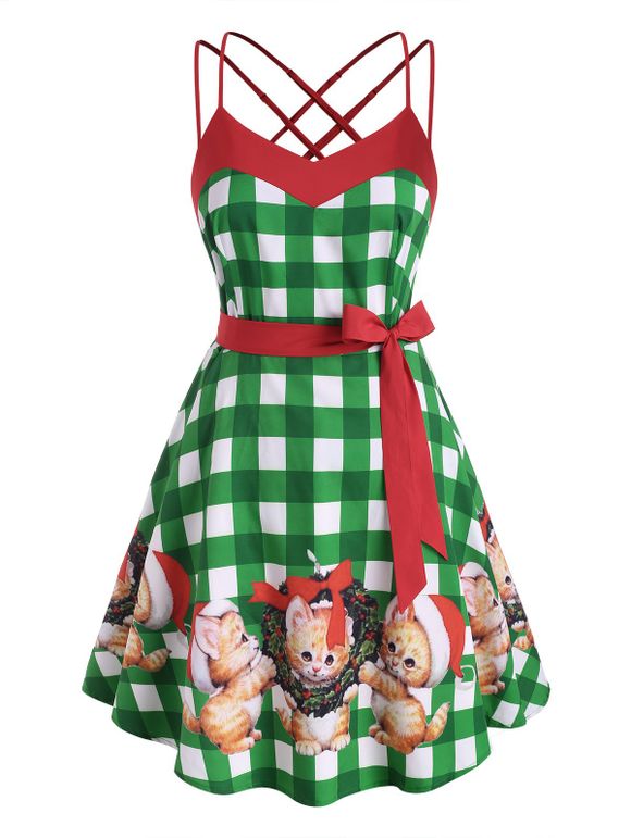 Robe de Noël à Bretelle Croisée Chat à Carreaux de Grande Taille - Vert L