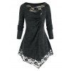 T-shirt Tunique Asymétrique Teinté en Dentelle Insérée de Grande Taille - Noir 3X