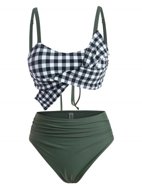 Tummy Control Tankini Swimwear Gingham Bathing Suit Bowknot Lace Up Ruched Beach Swimsuit
