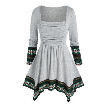 

Plus Size Ruched Bust Print Handkerchief Knit Tunic Tee, Ash gray
