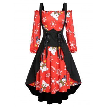 

Plus Size Christmas Snowman Snowflake Dress with Lace-up Waistcoat Set, Red