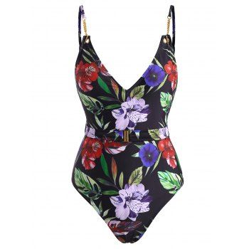 

Flower Print Chain Embellished Belted One-piece Swimsuit, Black