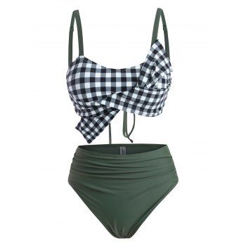 

Tummy Control Tankini Swimwear Gingham Bathing Suit Bowknot Lace Up Ruched Beach Swimsuit, Dark gray