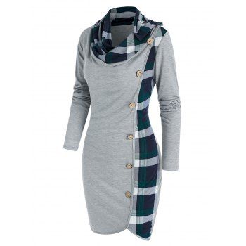 

Plaid Print Mock Button Asymmetrical Sheath Dress, Light gray