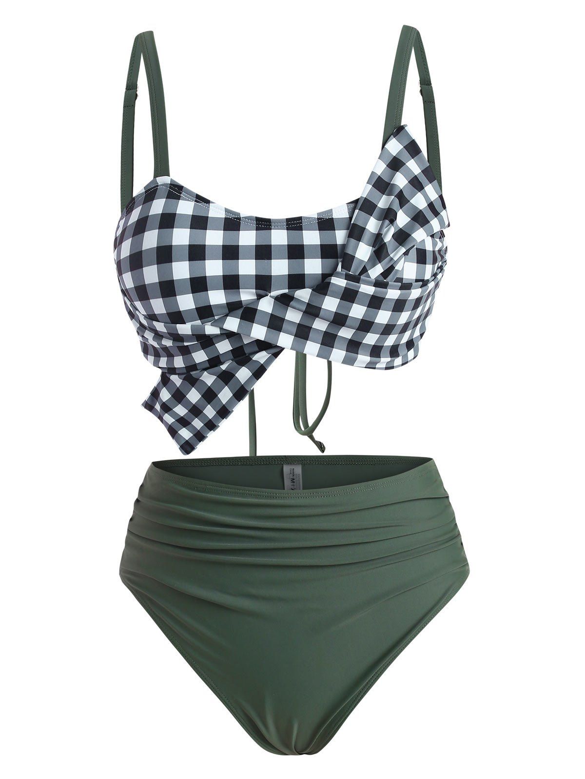 Tummy Control Tankini Swimwear Gingham Bathing Suit Bowknot Lace Up Ruched Beach Swimsuit - DARK GRAY XXL