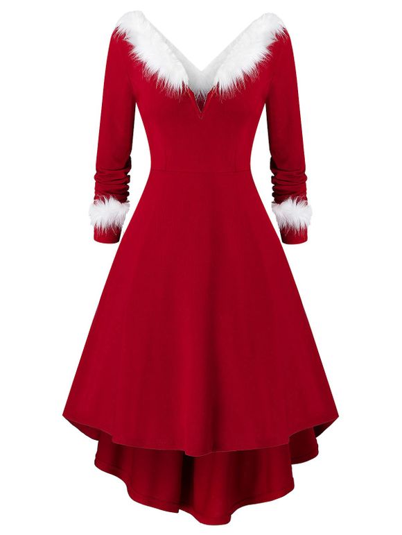 Robe de Noël Tricotée Panneau en Fausse Fourrure à Manches Longues Grande Taille - Rouge Vineux 2X