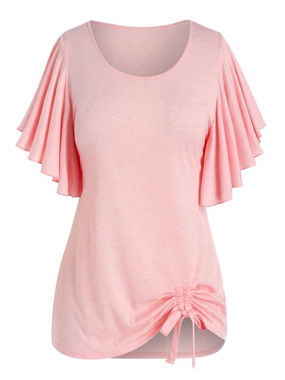 T-shirt Noué Sanglé de Grande Taille à Manches Papillon - Rose L