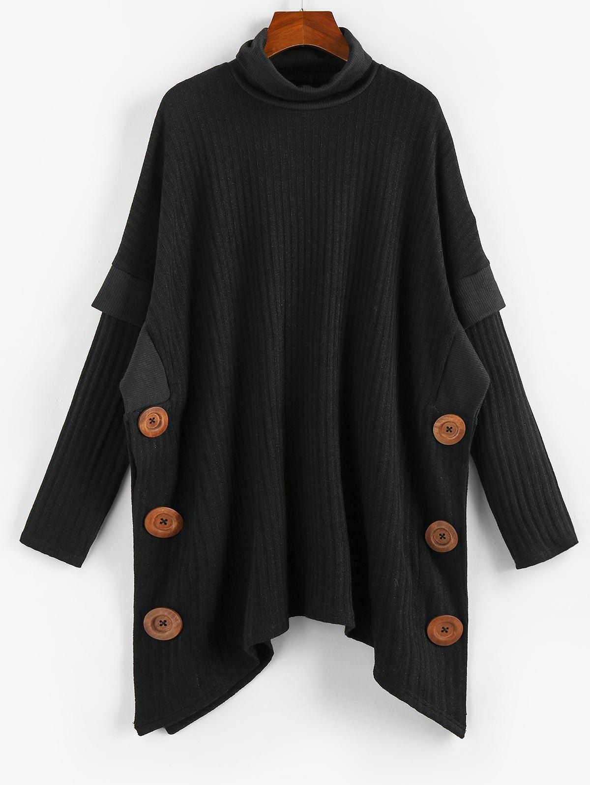 Mock Button Ribbed Cape Sweater - BLACK 3XL
