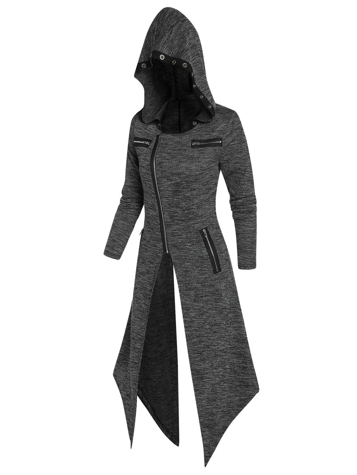 Manteau à Capuche Asymétrique Tricoté Zippé avec Œillet - Gris Ardoise Foncé XL