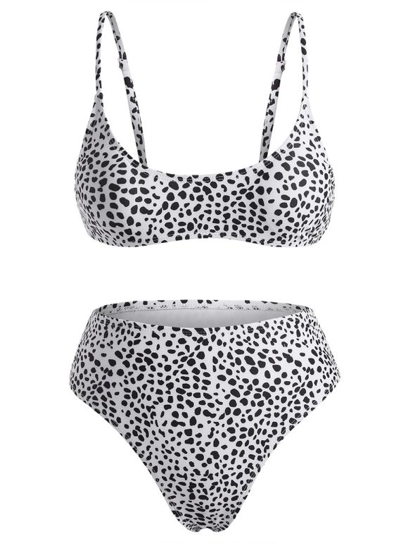 Maillot de Bain Bikini Imprimé Dalmatien à Taille Haute - Blanc M