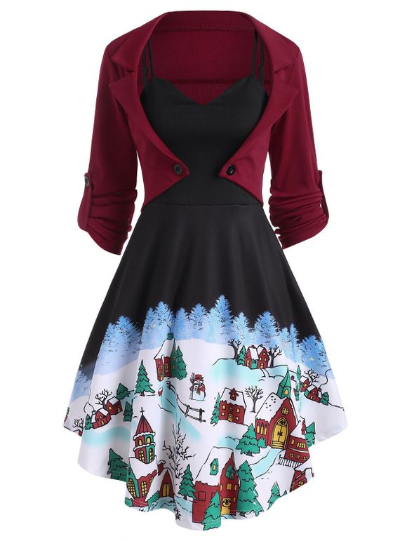 Robe de Noël à Imprimé Neige à Bretelle avec Veste Superposée - Noir XL