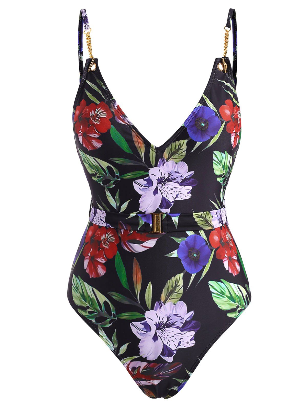 Flower Print Chain Embellished Belted One-piece Swimsuit - BLACK L