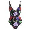 Flower Print Chain Embellished Belted One-piece Swimsuit - BLACK L