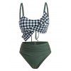 Tummy Control Tankini Swimwear Gingham Bathing Suit Bowknot Lace Up Ruched Beach Swimsuit - DARK GRAY XXL