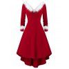 Robe de Noël Tricotée Panneau en Fausse Fourrure à Manches Longues Grande Taille - Rouge Vineux 4X