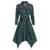 Robe Mi-Longue Mouchoir Asymétrique à Carreaux en Dentelle Insérée à Col Rabattu à Taille Haute - Vert profond M