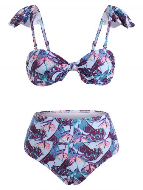 Ruffle Leaf Print Knot Tropical Bikini Swimwear