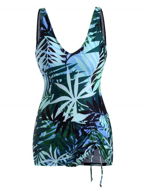 Maillot de Bain Tankini Superposé Plongeant à Imprimé Feuille