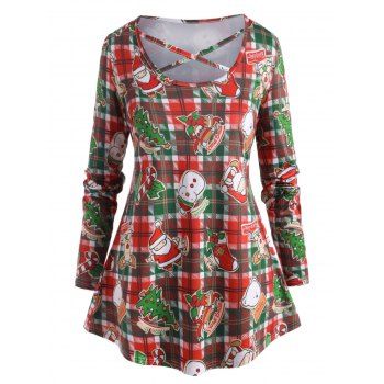 

Plus Size Crisscross Plaid Christmas Printed T Shirt, Deep green