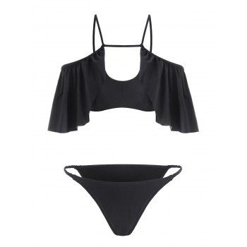 

Flounce Cold Shoulder Cutout Braided Two Piece Swimwear, Black