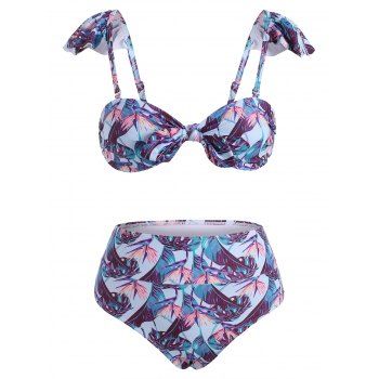 

Ruffle Leaf Print Knot Tropical Bikini Swimwear, Deep blue
