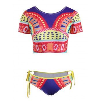 

Aztec Pattern Cutout Tie Crop Tankini Swimwear, Deep blue